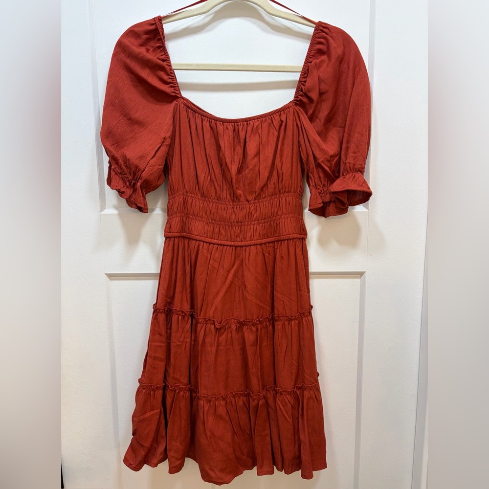 Blue Rain x Francesca’s Orange Flowy Puff Sleeve Dress